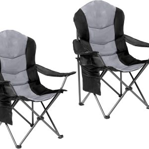 2 Pack Folding Camping Chairs for Adults - High Back Padded Outdoor Lawn Chairs with Lumbar Support & Cup Holder, 400lbs Heavy Duty Portable Camping Chairs Set (Black & Light Gray)