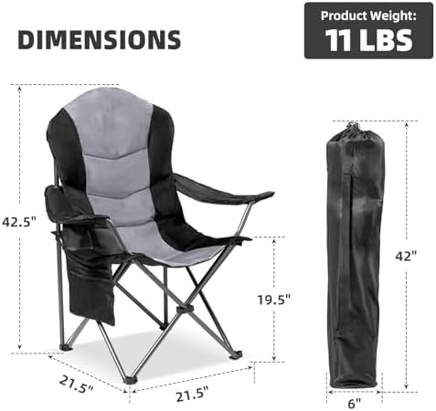 2 Pack Folding Camping Chairs for Adults - High Back Padded Outdoor Lawn Chairs with Lumbar Support & Cup Holder, 400lbs Heavy Duty Portable Camping Chairs Set (Black & Light Gray) - Image 3