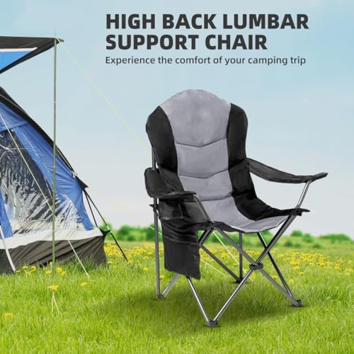 2 Pack Folding Camping Chairs for Adults - High Back Padded Outdoor Lawn Chairs with Lumbar Support & Cup Holder, 400lbs Heavy Duty Portable Camping Chairs Set (Black & Light Gray) - Image 4