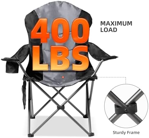 2 Pack Folding Camping Chairs for Adults - High Back Padded Outdoor Lawn Chairs with Lumbar Support & Cup Holder, 400lbs Heavy Duty Portable Camping Chairs Set (Black & Light Gray) - Image 5