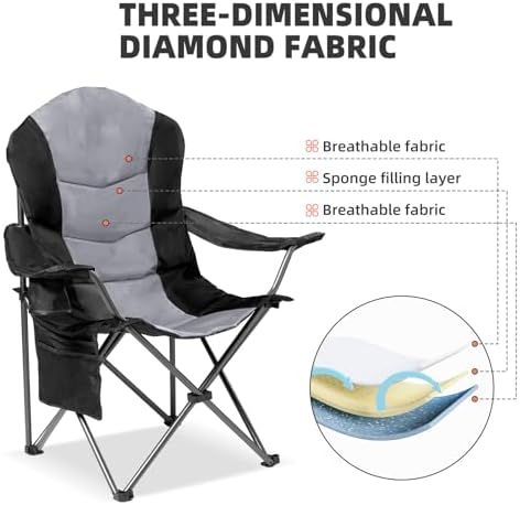 2 Pack Folding Camping Chairs for Adults - High Back Padded Outdoor Lawn Chairs with Lumbar Support & Cup Holder, 400lbs Heavy Duty Portable Camping Chairs Set (Black & Light Gray) - Image 6
