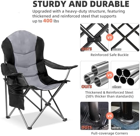 2 Pack Folding Camping Chairs for Adults - High Back Padded Outdoor Lawn Chairs with Lumbar Support & Cup Holder, 400lbs Heavy Duty Portable Camping Chairs Set (Black & Light Gray) - Image 7
